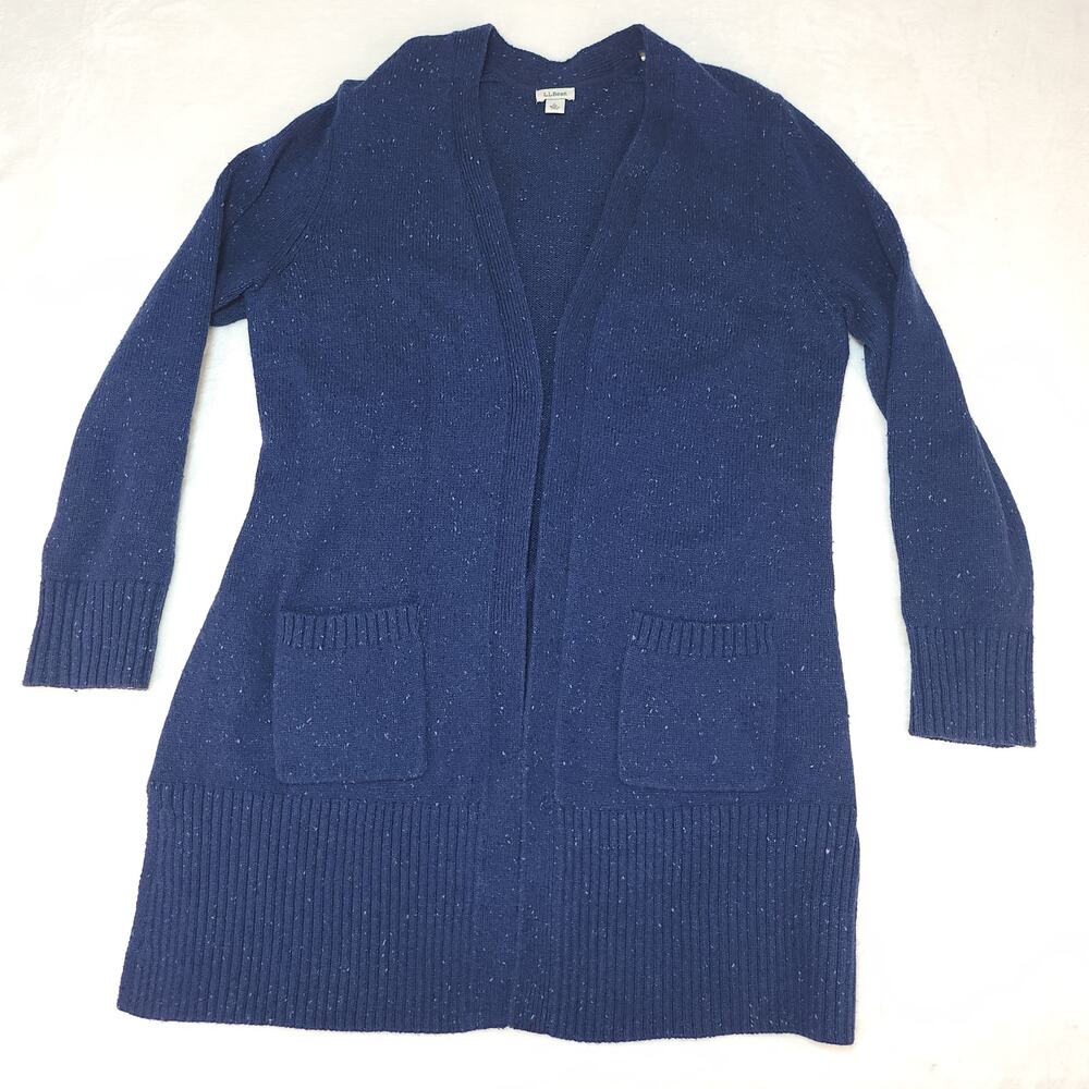 LL Bean Wool Open Cardigan Sweater Womens Large Dark Blue Pockets Knit Ribbed